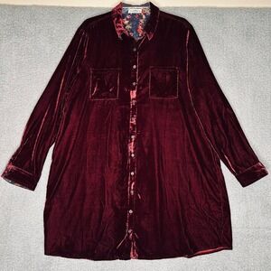 Natural Life Cranberry Velvet Button Down Shirt Dress Floral Trim XL Maroon Boho